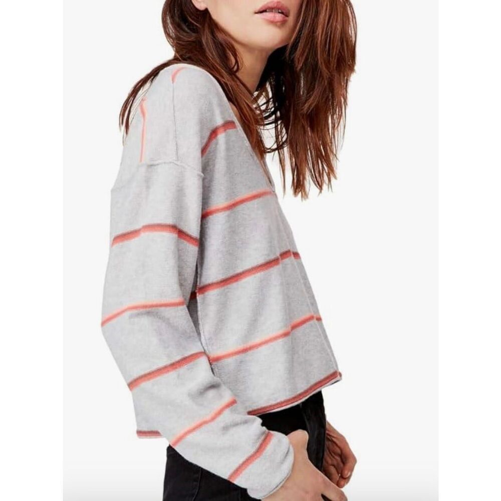 NEW Free People Women’s XS Make You Mine Grey Orange Stripe Sweater